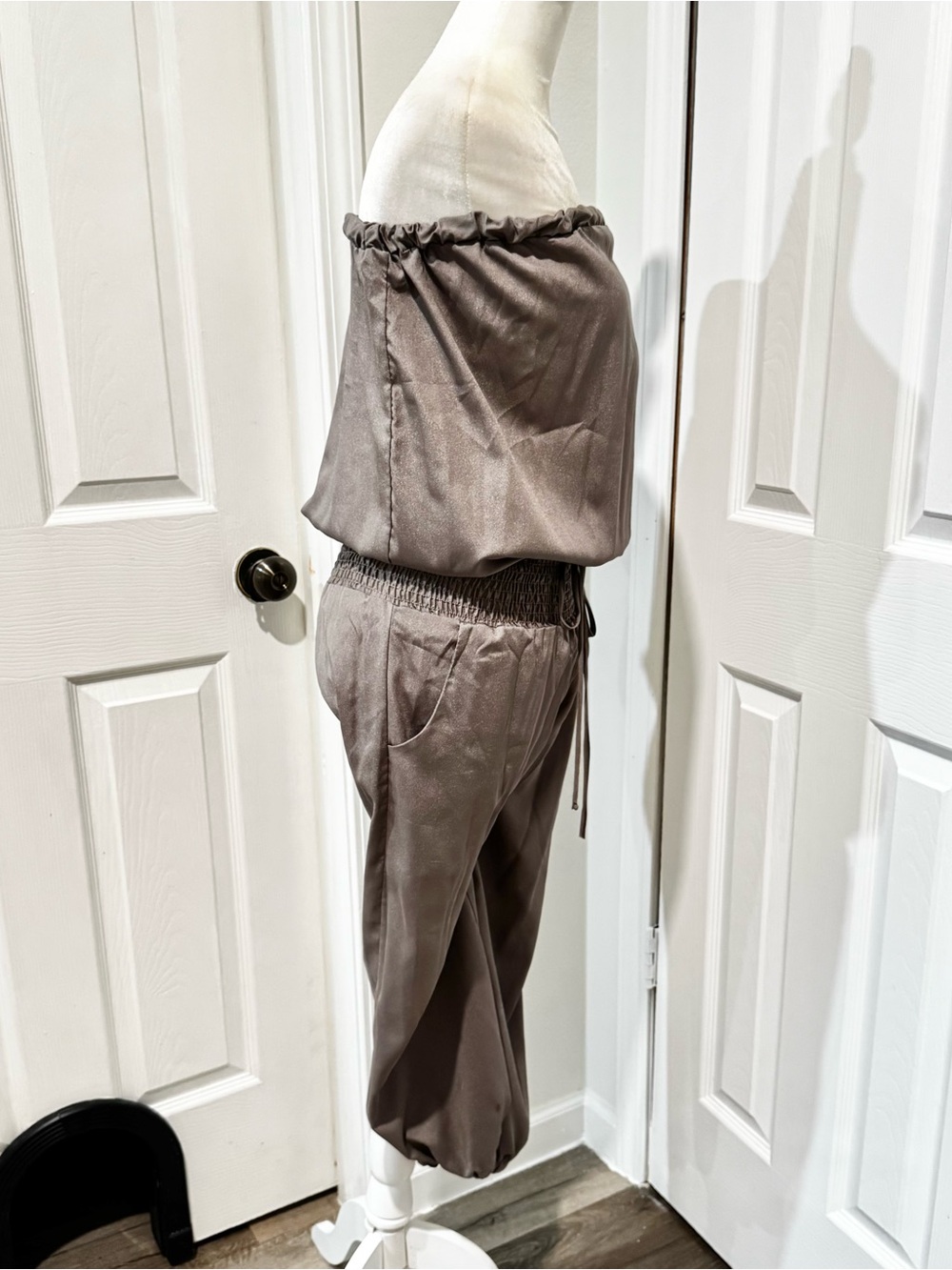 Body Central Light Gray Strapless Smocked-Waist Jumpsuit - Picture 8 of 10